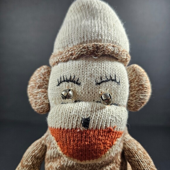 Antique Homemade Traditional Sock Monkey 16" Bells for Eyes - Picture 3 of 9